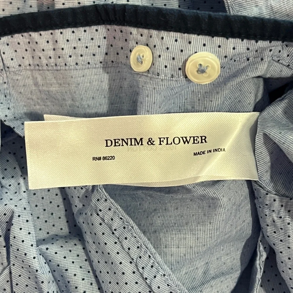 Denim & Flower Button Down Mens Medium Blue Polka‎ Dot Floral Cuff Dapper Shirt